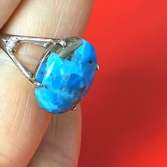 925 Sterling Silver Ring SZ 7 with Natural 12x15mm Turquoise Gemstone & CZ - Picture 6 of 12